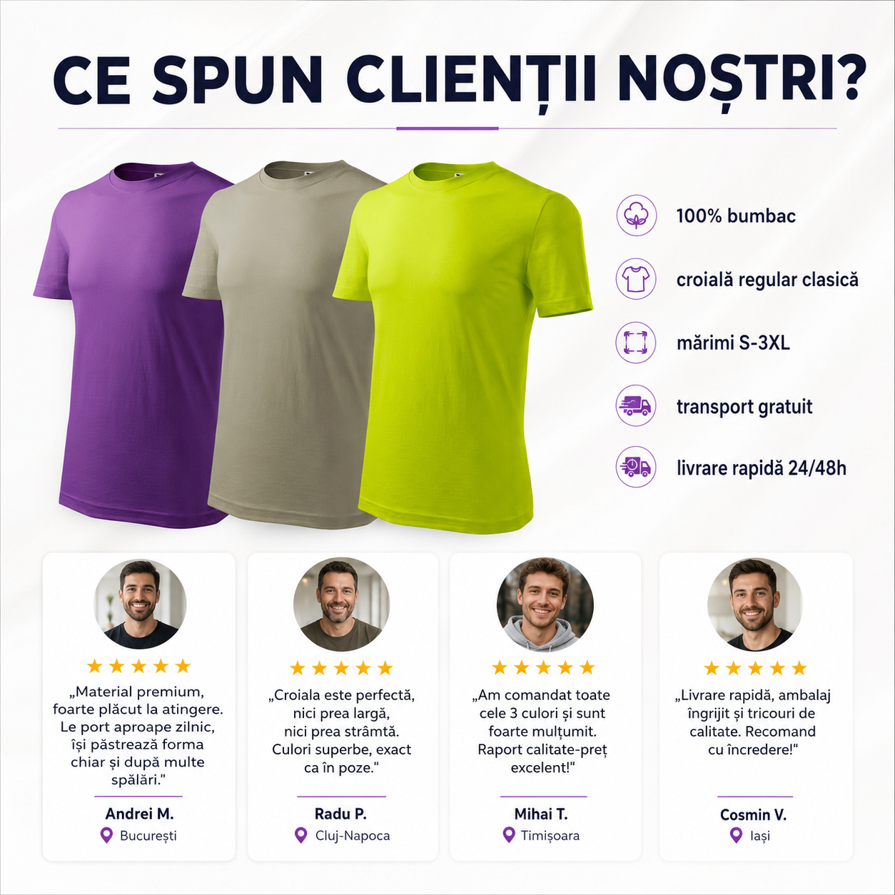 Set 3 tricouri bărbați 100% bumbac violet khaki deschis lime potrivit pentru cadou